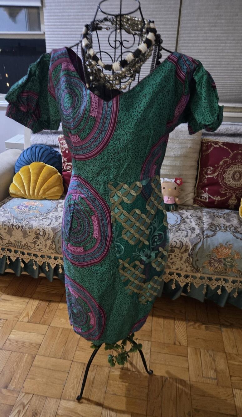 90s Handmade African Knee Length Puff Sleeve Green Blue Pink & Gold Dress